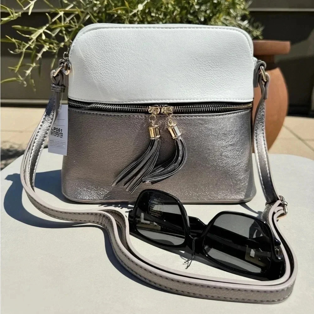 NWT Crossbody Tassel Zipper Puller Accent Two Tone Bag WHITE - Picture 3 of 13